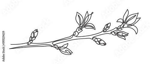 Single continuous line art drawing of a budding spring branch with young leaves sprouting, rendered in a minimalist black and white graphic illustration