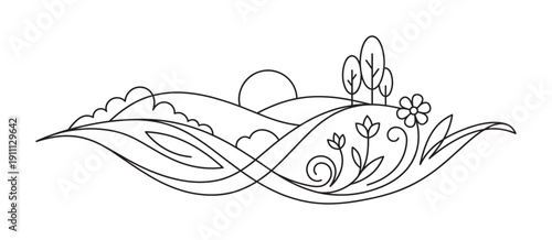 Decorative line art landscape illustration with rolling hills, a rising sun, simple trees, and blooming flowers in a flowing, elegant, minimalist style