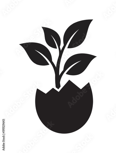 Black silhouette icon of a plant growing from a cracked eggshell symbolizes new life, beginnings, and potential in a minimalist graphic design for environmental concepts