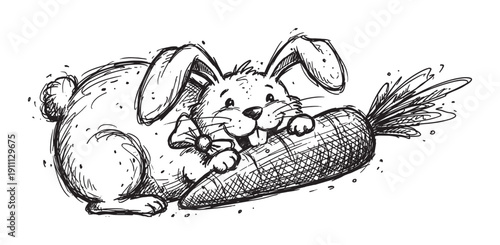 Funny hand-drawn cartoon rabbit happily hugging a giant carrot, depicted in a black and white sketch style with a playful and whimsical character design for children