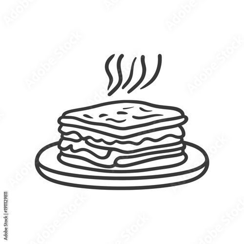 A stacked dish of warm food sits upon a plate