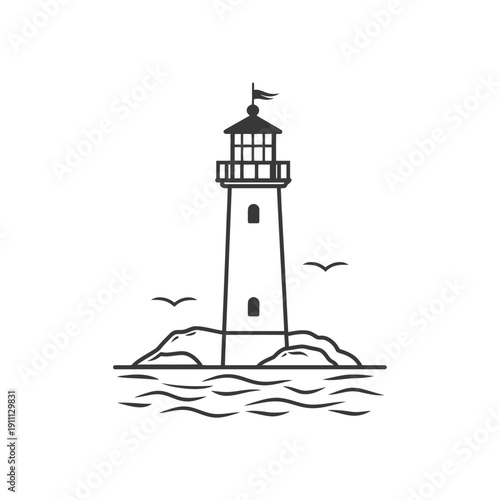 A tall lighthouse stands amidst the waves and rocks