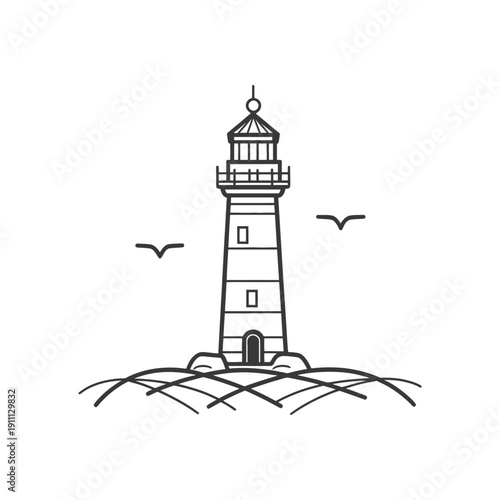 A Tall Lighthouse Stands On Rocky Ground Near Two Flying Birds