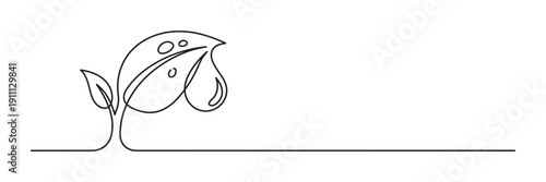 Continuous one-line drawing of a small plant sprout with a dew drop on its leaf, symbolizing nature, growth, and ecology in a minimalist black and white sketch style illustration