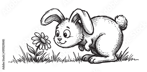 Cute hand-drawn cartoon rabbit character smelling a daisy flower in the grass, rendered in a charming black and white ink sketch style with a happy and curious expression
