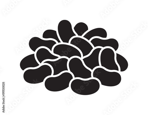 Simple black silhouette icon of beans piled together, rendered in a clean graphic style with bold white outlines, symbolizing legumes, protein, and a vegetarian diet