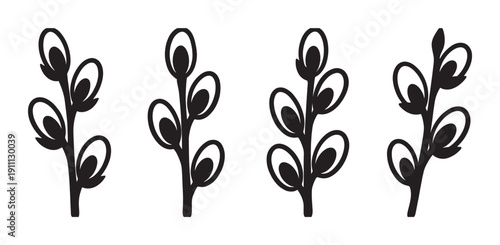 Four black pussy willow branch silhouettes in a simple graphic style, arranged in a row for a minimalist spring or Easter holiday decoration concept