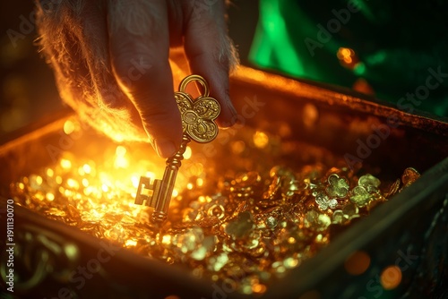 Elderly hand holding key over treasure chest of gold coins