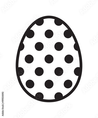 Black and white Easter egg icon with a simple polka dot pattern, a minimalist graphic symbol for the spring holiday celebration and traditional egg hunt