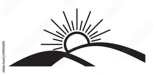 Black and white minimalist icon of a sun rising over rolling hills, a simple graphic symbol representing nature, landscape, and a new day with clean, bold line art