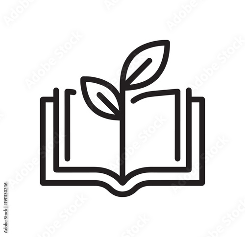 Black line icon of an open book with a small plant sprout growing from the center, symbolizing knowledge, growth, education, and sustainable learning in a minimalist graphic style