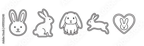 Set of cute black outline rabbit icons showing various poses like sitting, jumping, and a lop-eared bunny, presented in a simple, minimalist line art style for holiday themes