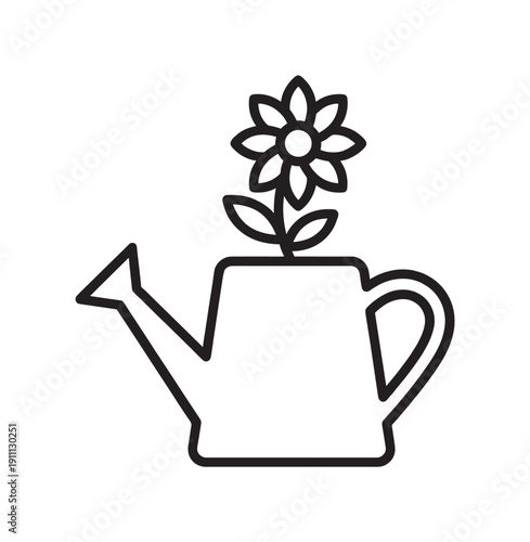 Black line art icon of a watering can with a single blooming flower growing out of it, representing gardening, growth, and nature in a simple, minimalist graphic style