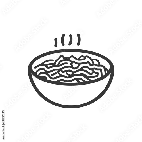 A stylized bowl of cooked noodles with steam rising upwards