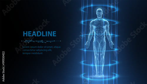 Futuristic human body scan inside glowing cylindrical beam on blue background. Medical analysis, biometric technology, healthcare monitoring, digital anatomy concept. Vector illustration.