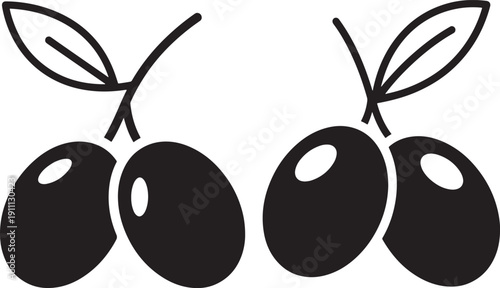 Olives on Branches with Leaves Icon, Mediterranean Food and Organic Produce Vector Art