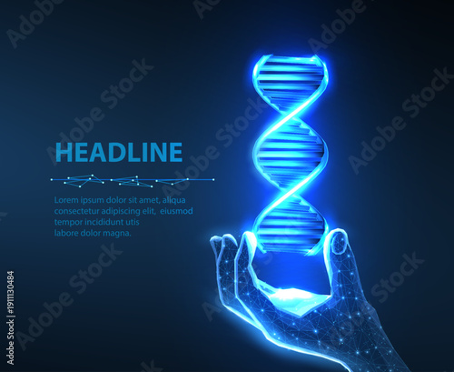 Glowing DNA helix held in hand on dark blue background. Genetics, biotechnology, molecular science, medical research, human genome, healthcare innovation concept. Vector illustration.
