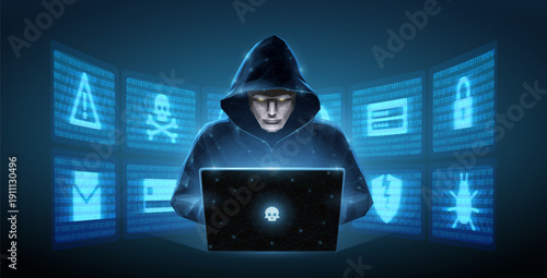 Hooded hacker using laptop with glowing cyber security icons on blue background. Data protection, network threat, digital crime, privacy defense, cybersecurity concept. Vector illustration.