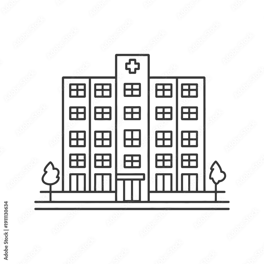 Naklejka premium Simple outlined illustration depicting a modern medical center building