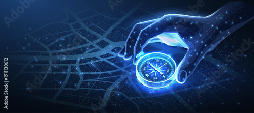Futuristic hand holding glowing compass over abstract map background. Navigation, route planning, location tracking, digital guidance, travel strategy concept. Vector illustration.