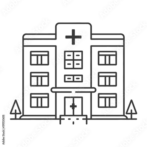 A simple black and white illustration of a medical building