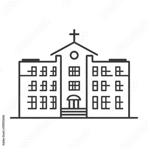 A black and white illustration of a large religious building