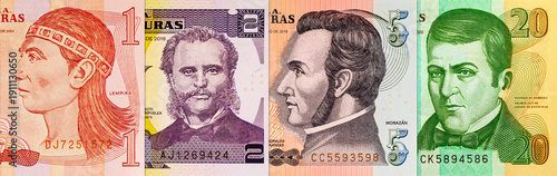 Lempira banknote Honduras of various denominations. Paper money of Honduras.
