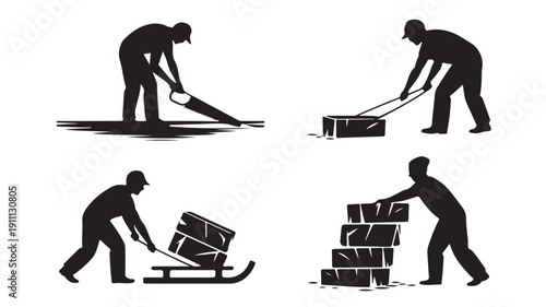 Vector Illustration Of Silhouette Workers Engaged In Heavy Lifting And Moving Activities For Industrial And Construction Concepts