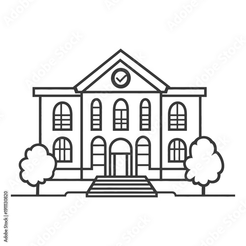 A black and white outline illustration of a stately building