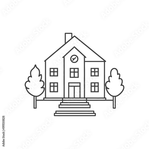 A simple black and white illustration of a school building