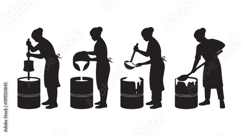Vector Illustration Of Silhouetted Workers Handling Industrial Barrels For Industrial And Manufacturing Concept