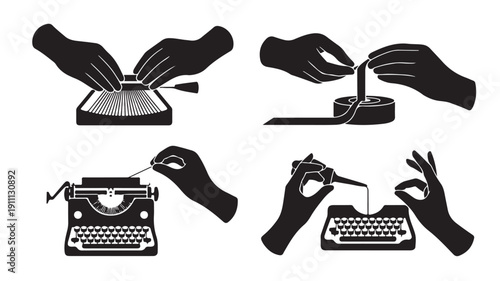 Vector Illustration Of Hands Repairing A Vintage Typewriter With Tape For Office And Writing Concept