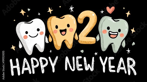 Happy New Year celebration with cartoon teeth characters in a fun design, welcoming the coming year in a cheerful way