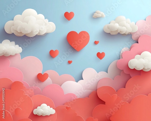 Colorful clouds and hearts create a playful scene in a paper craft style against a blue sky