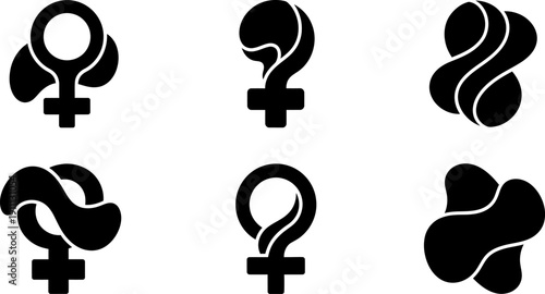 Six abstract female gender symbols with stylized hair