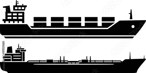 Black and white cargo ships with containers and industrial buildings