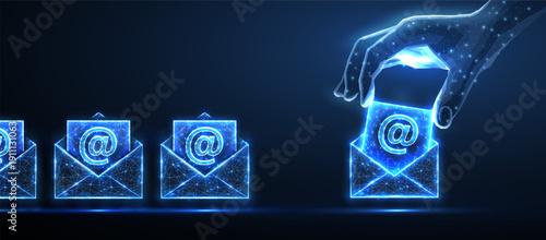 Futuristic hand selecting glowing email icons on dark blue background. Digital communication, online message, cyber connection, network security, smart service concept. Vector illustration.