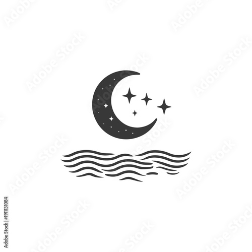 An illustration displaying the moon and stars over wavy water
