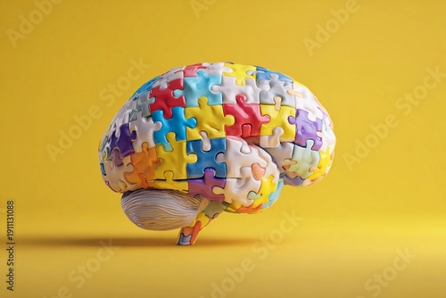 Colorful puzzle brain model on a bright yellow background symbolizing mental challenges and cognitive processes