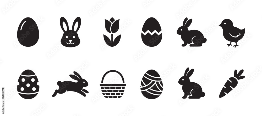 Obraz premium Collection of black Easter holiday icons featuring bunnies, decorated eggs, a chick, a basket, a carrot, and a tulip flower arranged in a simple, flat graphic symbol set