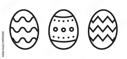 Three black and white Easter eggs decorated with wavy, zigzag, and dotted patterns, presented as a minimalist icon set for seasonal spring holiday themes