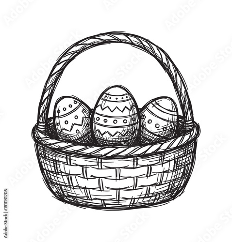 Hand-drawn wicker basket with three decorated eggs in a black ink sketch style, a traditional line art illustration representing a festive spring holiday symbol