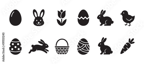 Collection of black Easter holiday icons featuring bunnies, decorated eggs, a chick, a basket, a carrot, and a tulip flower arranged in a simple, flat graphic symbol set