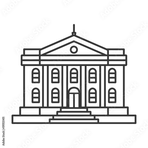 A detailed linear illustration depicting an architectural governmental building