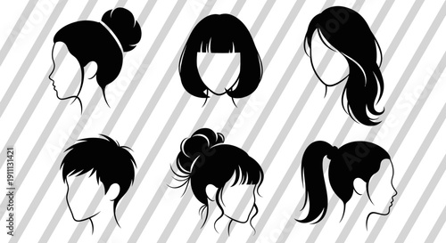 Six Black and White Silhouettes of Women with Different Hairstyles