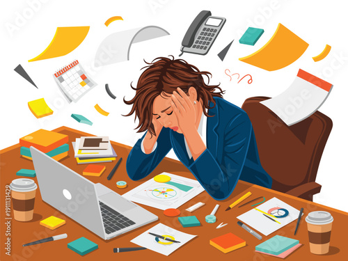A stressed businesswoman sitting at her cluttered desk with papers and office supplies scattered all around her.