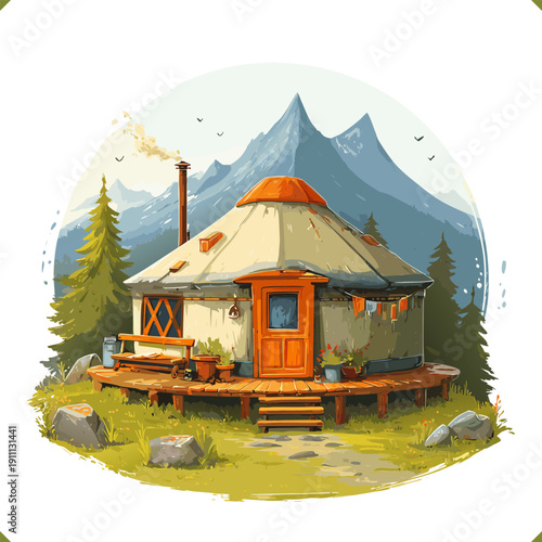 Vector illustration of a cozy yurt cabin in mountain forest with wooden deck and chimney smoke, outdoor travel glamping concept, isolated on a white background