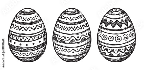 Three hand-drawn black and white Easter eggs decorated with intricate folk art patterns like zigzags, waves, and spirals in a charming rustic doodle illustration style