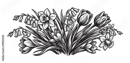 Black and white woodcut illustration of spring flowers including tulips, daffodils, crocuses, and bluebells in a vintage bouquet arrangement with detailed linework