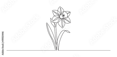Single continuous line drawing of a daffodil flower with stem and leaves in a minimalist black and white art style, representing spring, nature, and simple elegance